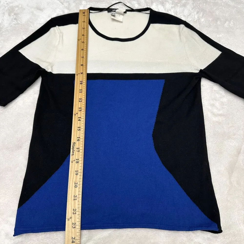 Apriori Escada Blue White Black Soft Knit Short Sleeve Sweater Top Sz 8